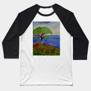 Bonzai tree over the edge of a cliff with poppies growing everywhere and a small island in the distance. Baseball T-Shirt